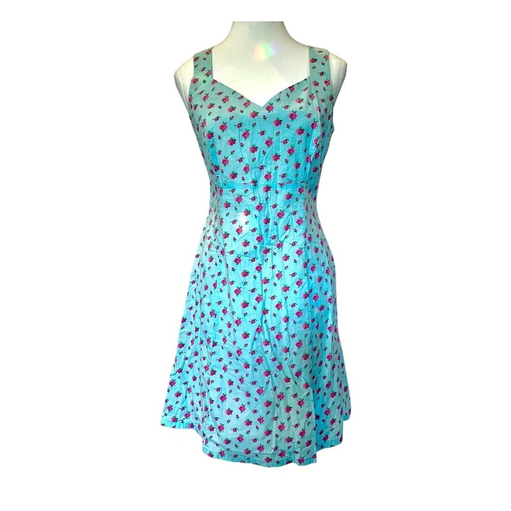 Vintage Floral Dress Womens Large Turquoise Pink Rose Cotton Stretch Plum